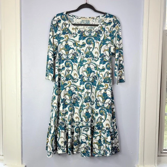 Like New! Peruvian Connection long sleeve white blue paisley short dress size S - Picture 7 of 8